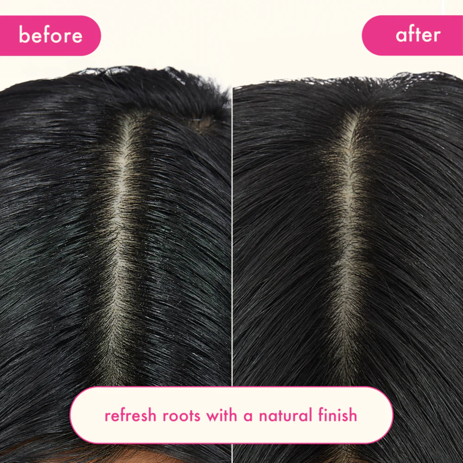 Texture invisible du shampooing sec Amika pulvérisée sur cheveux foncé
