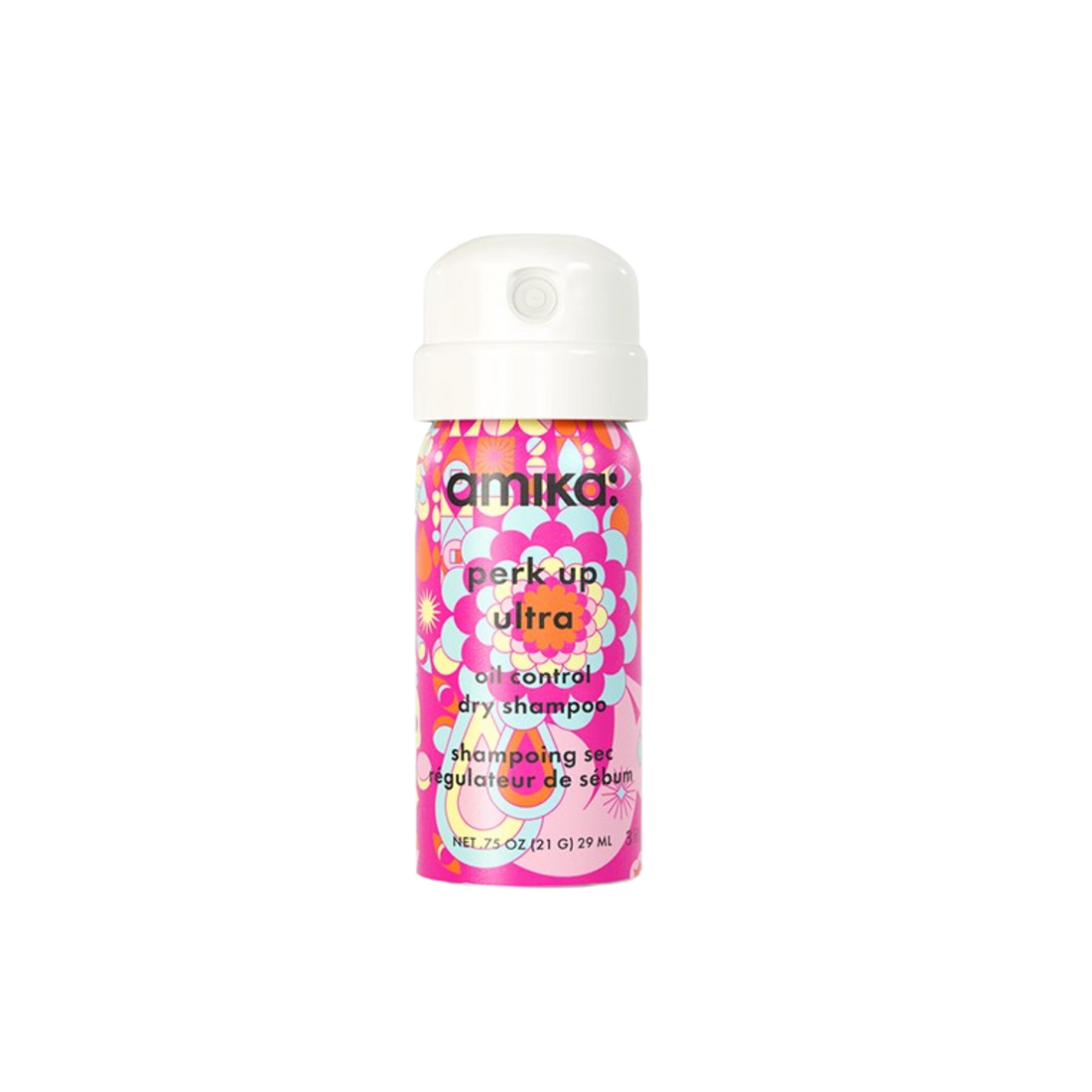 Flacon de shampooing sec Amika Perk Up Ultra 250 ml sur fond blanc