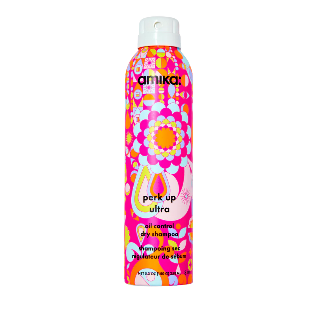 Flacon de shampooing sec Amika Perk Up Ultra 250 ml sur fond blanc
