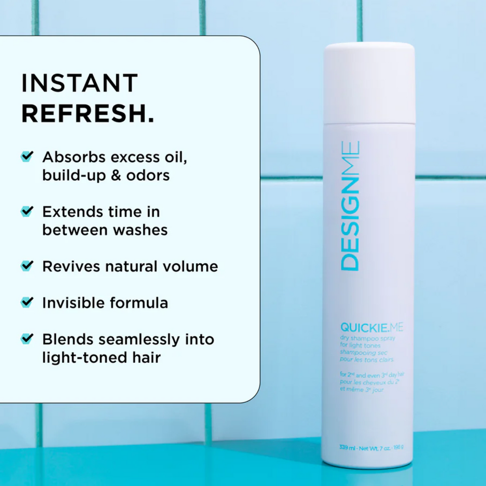 Shampooing sec QUICKIE.ME pour cheveux clairs – spray vegan invisible, absorbe sébum et ravive volume sans traces blanches