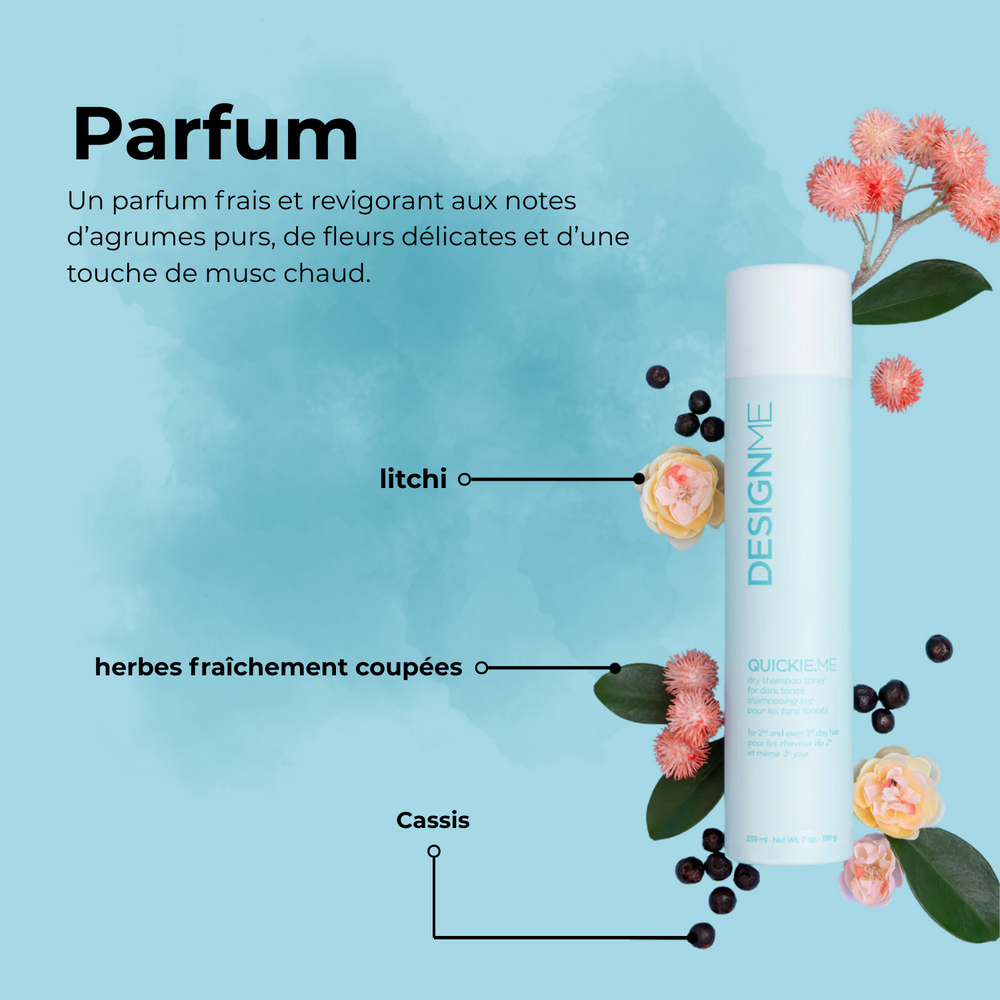 Shampooing sec QUICKIE.ME pour cheveux foncés – spray vegan invisible, absorbe sébum et rafraîchit sans traces blanches