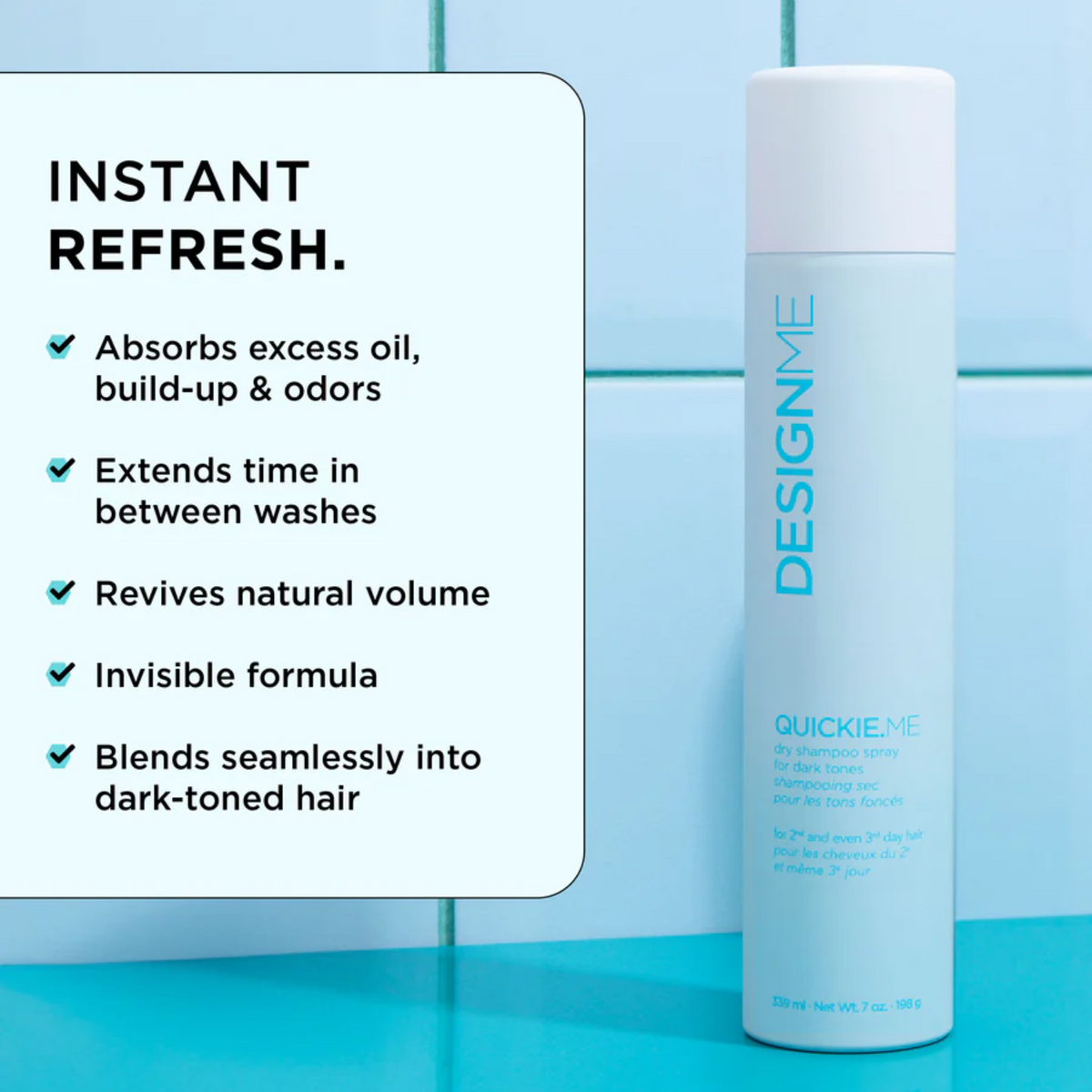 Shampooing sec QUICKIE.ME pour cheveux foncés – spray vegan invisible, absorbe sébum et rafraîchit sans traces blanches