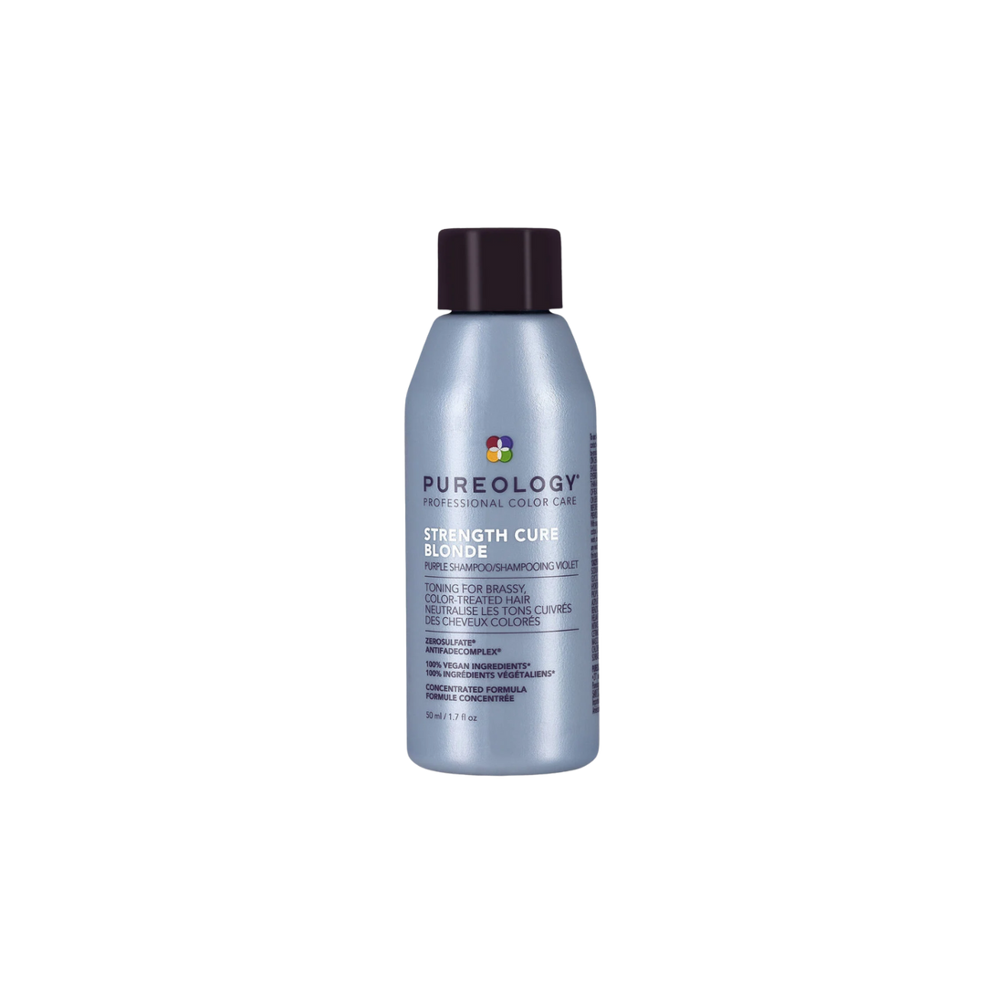 Flacon violet de shampooing Strength Cure Blonde de Pureology, évoquant protection des cheveux blonds et éclat fragile.