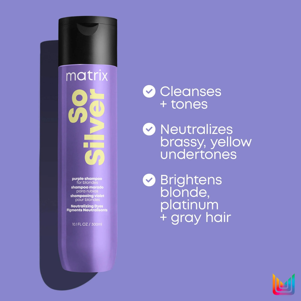 Shampooing violet Matrix So Silver neutralisant reflets jaunes cheveux blonds gris blancs
