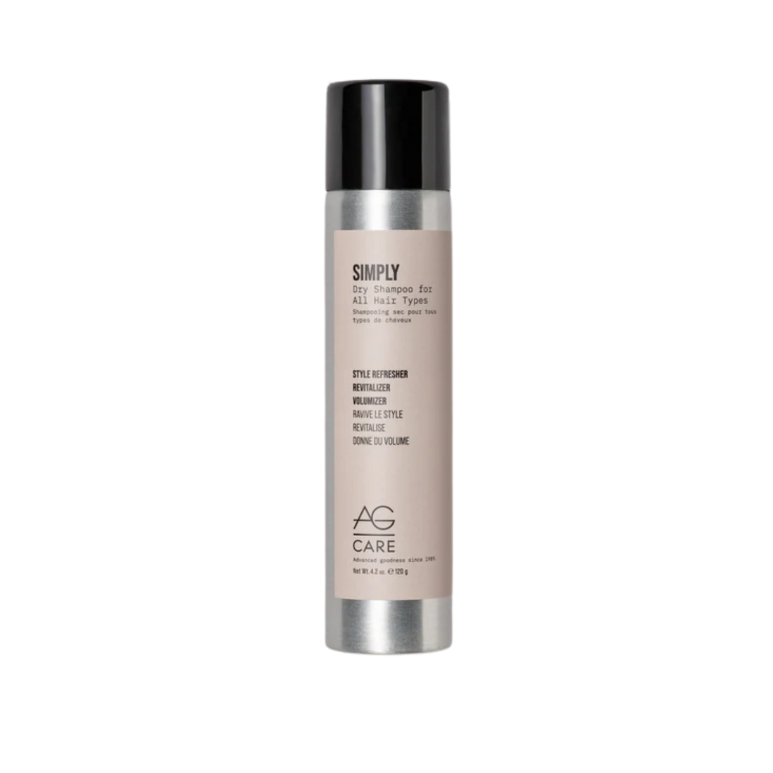 Flacon de AG CARE Simply Dry Shampoo sur fond blanc, cheveux volumineux en arrière-plan
