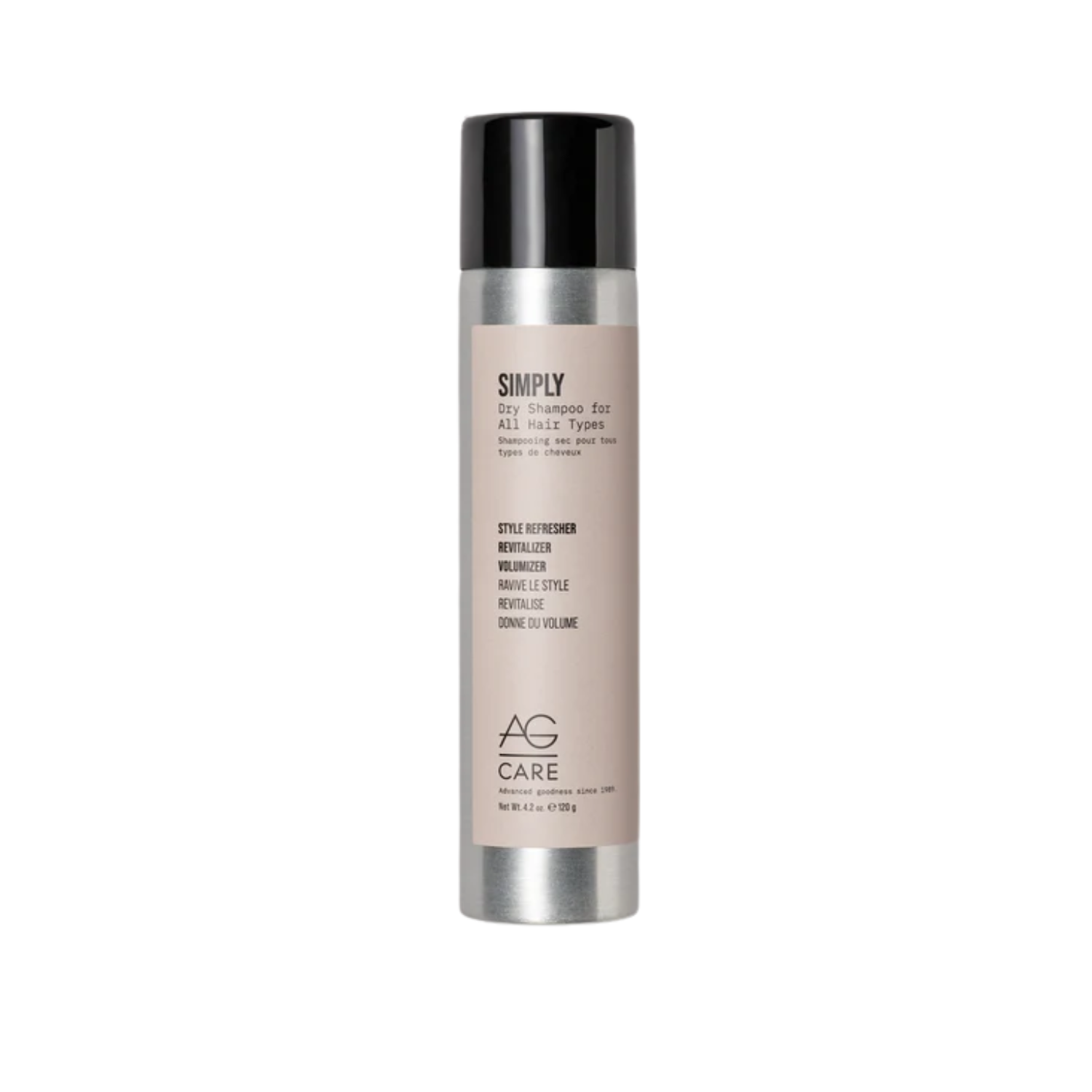 Flacon de AG CARE Simply Dry Shampoo sur fond blanc, cheveux volumineux en arrière-plan