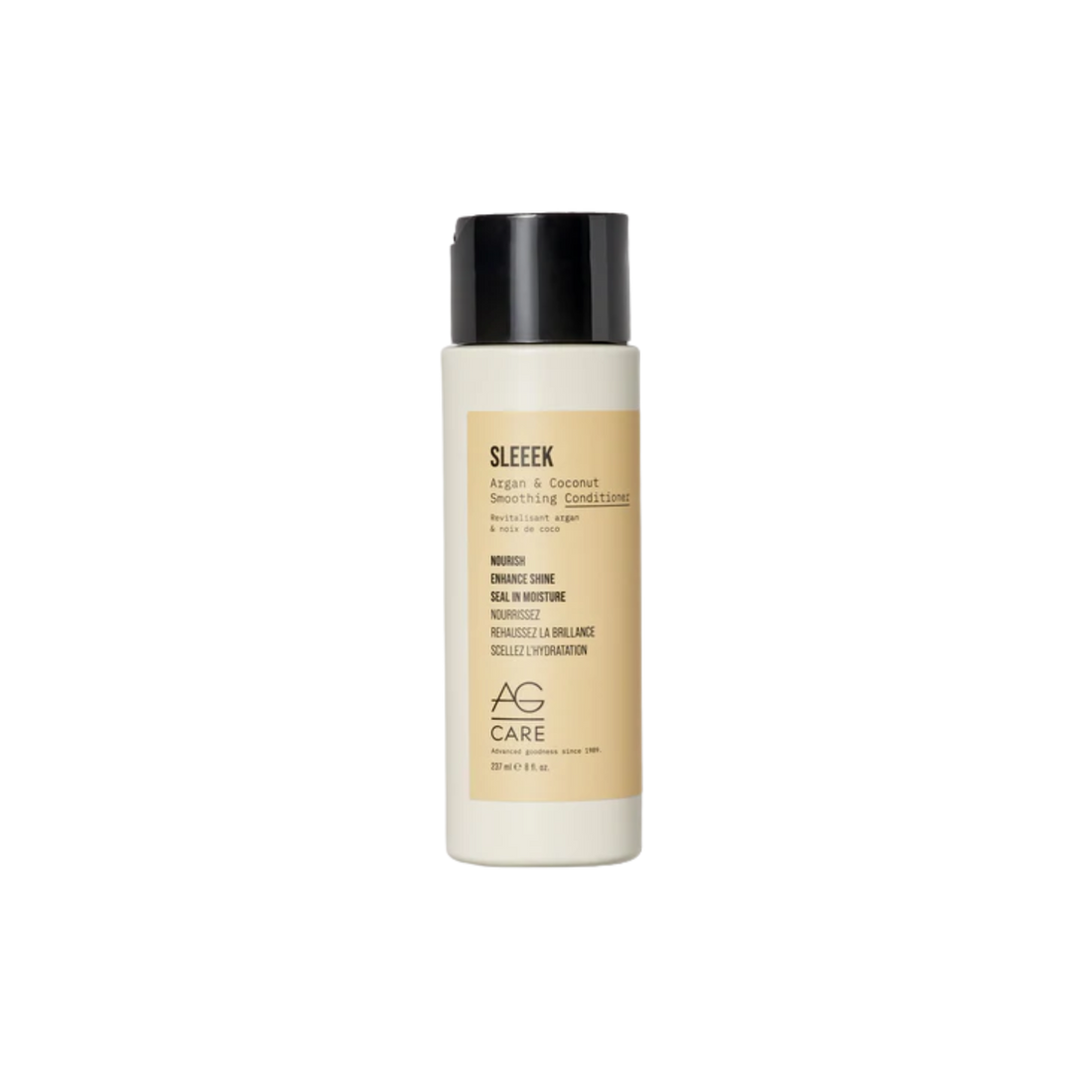 Revitalisant AG Care Sleeek Argan & Coconut, bouteille sur fond neutre, cheveux lisses et brillants en arrière-plan