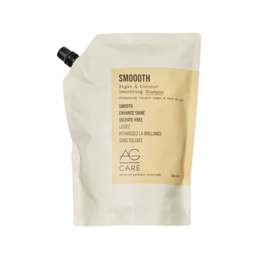 Shampooing vegan sans sulfates qui lisse, hydrate et contrôle les frisottis. Cheveux doux, brillants et soyeux dès le premier lavage.