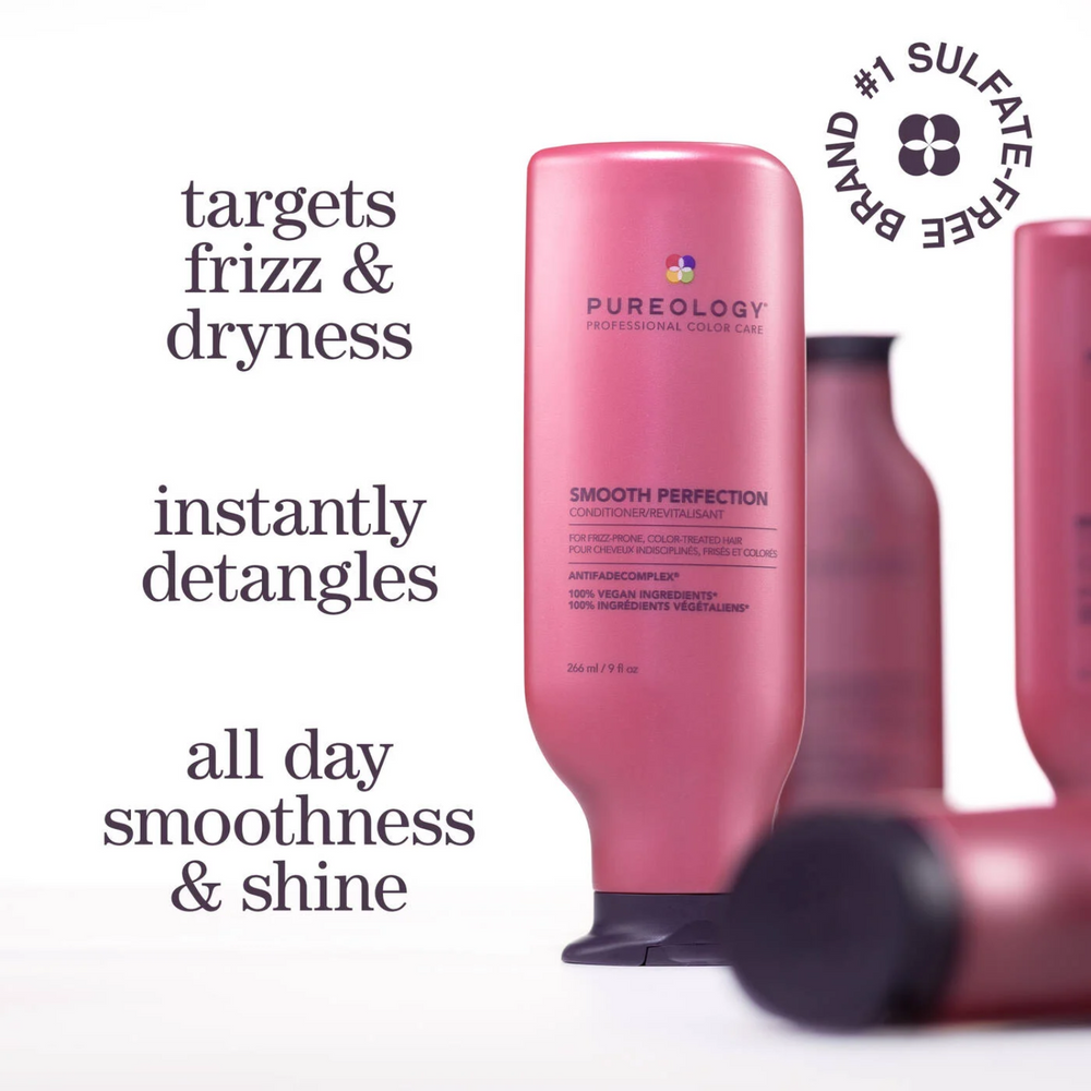 Flacon crème de Smooth Perfection Conditioner de Pureology posé sur fond neutre, texture riche visible.