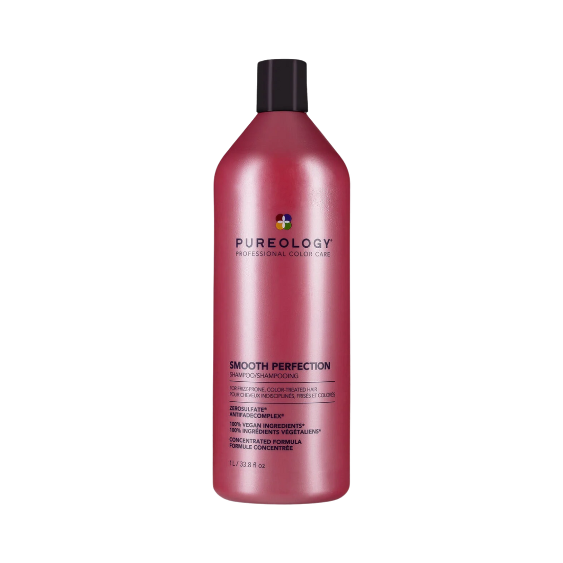 Flacon de Smooth Perfection Shampoo Pureology sur fond neutre, texture viscqueuse visible à l’ouverture.