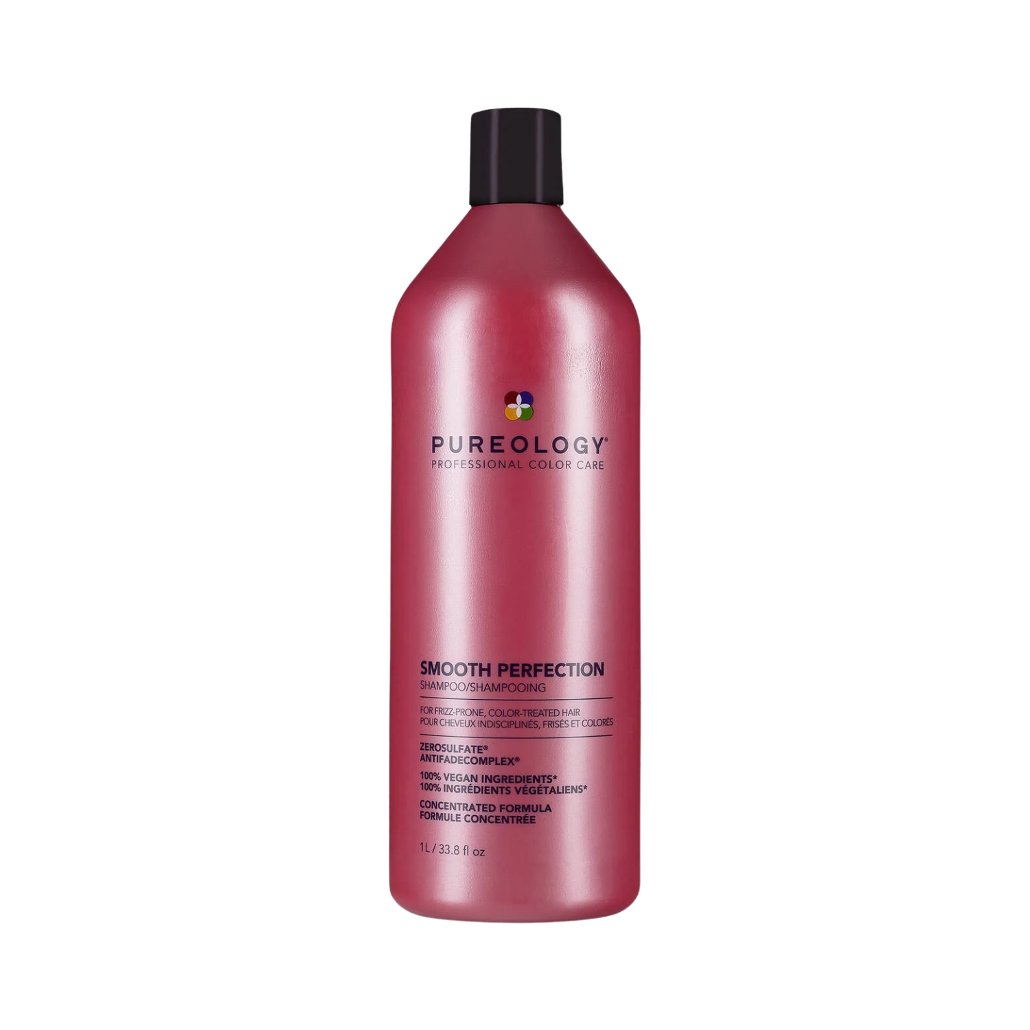 Flacon de Smooth Perfection Shampoo Pureology sur fond neutre, texture viscqueuse visible à l’ouverture.