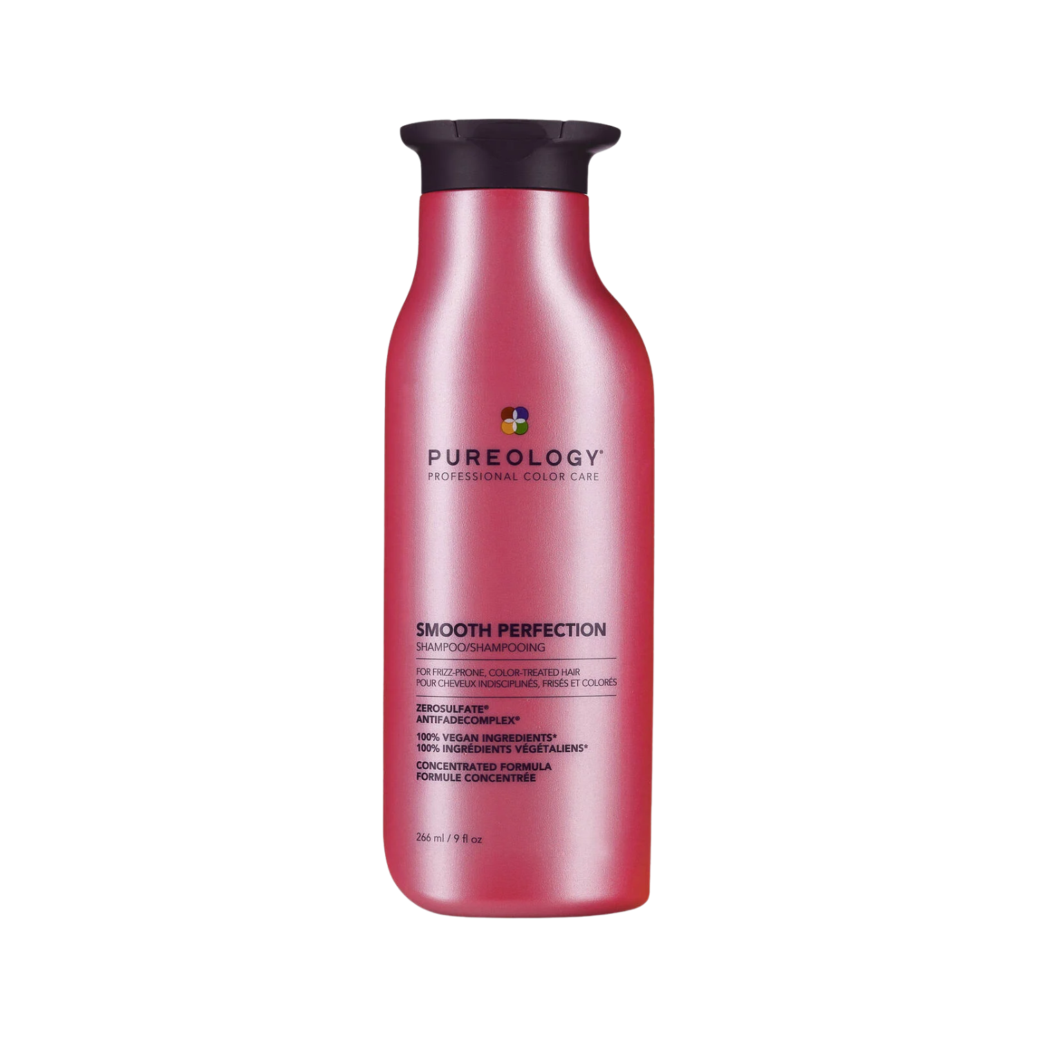Flacon de Smooth Perfection Shampoo Pureology sur fond neutre, texture viscqueuse visible à l’ouverture.