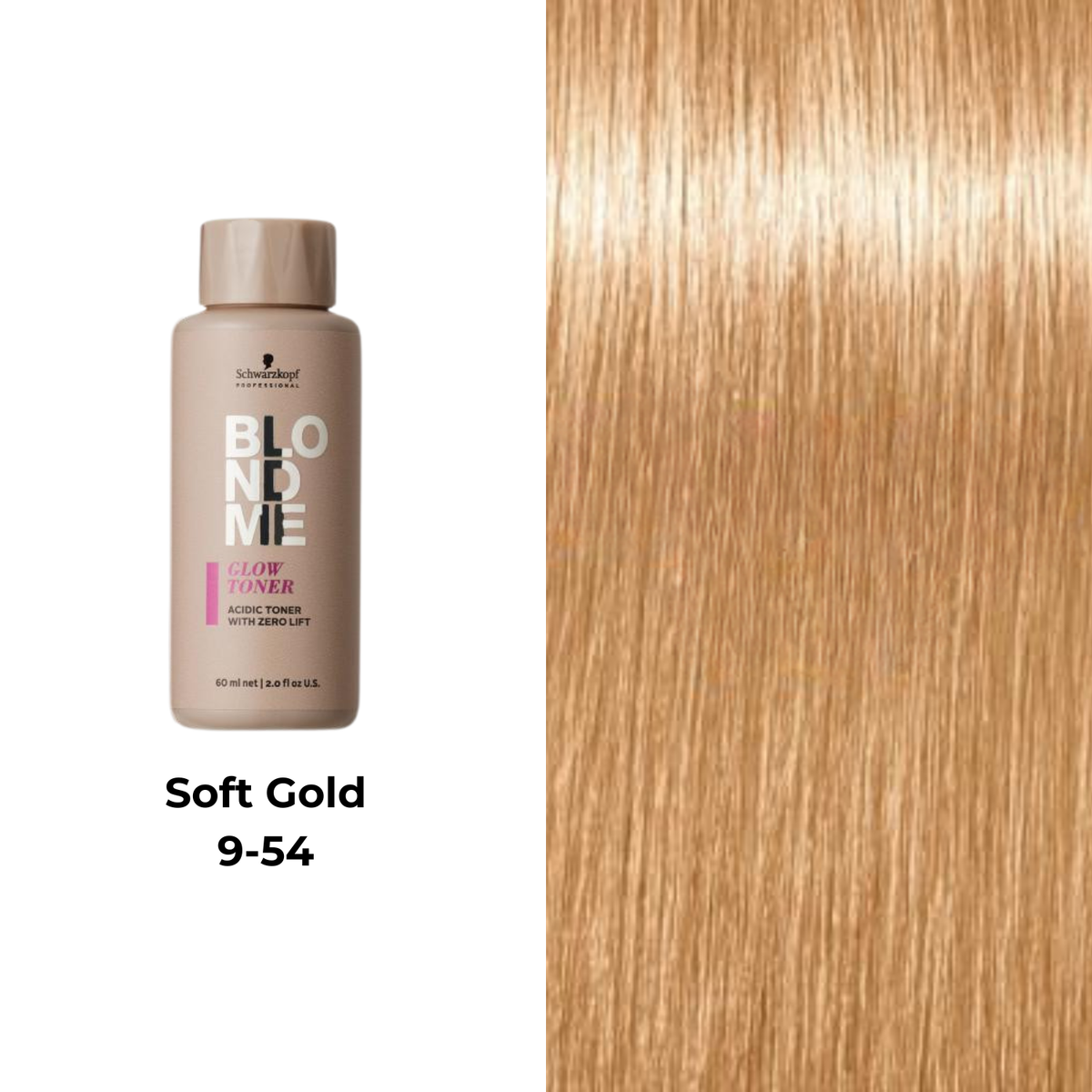 Tube de coloration BLONDME de Schwarzkopf avec mèche de cheveux blond, résultat professionnel lumineux.