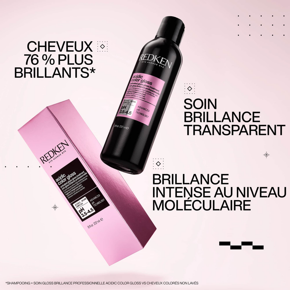 Bouteille du traitement lustrant Redken Acidic Color Gloss, luxe professionnel et couleur protégée
