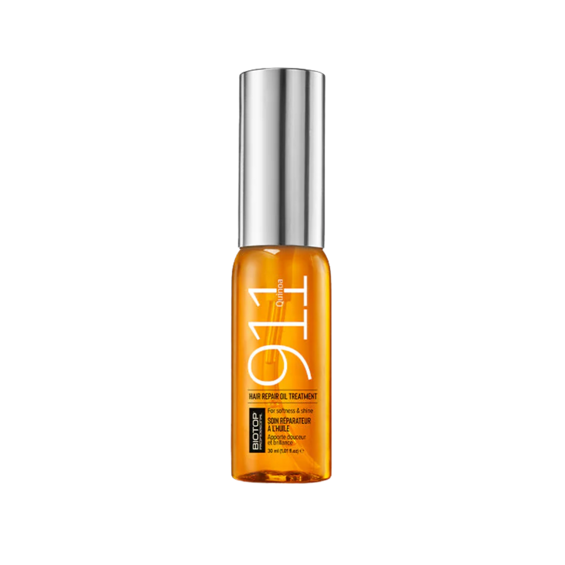 Flacon spray ou ampoule 911 Quinoa Hair Repair Oil, packaging minimaliste.