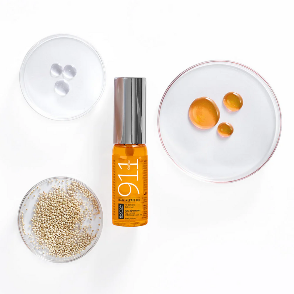 Flacon spray ou ampoule 911 Quinoa Hair Repair Oil, packaging minimaliste.