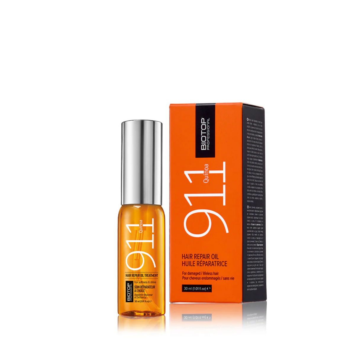 Flacon spray ou ampoule 911 Quinoa Hair Repair Oil, packaging minimaliste.