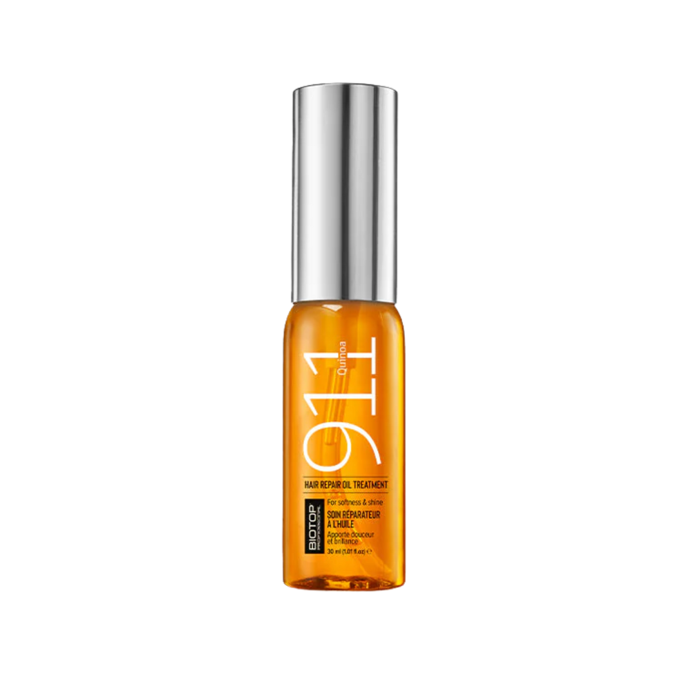 Flacon spray ou ampoule 911 Quinoa Hair Repair Oil, packaging minimaliste.
