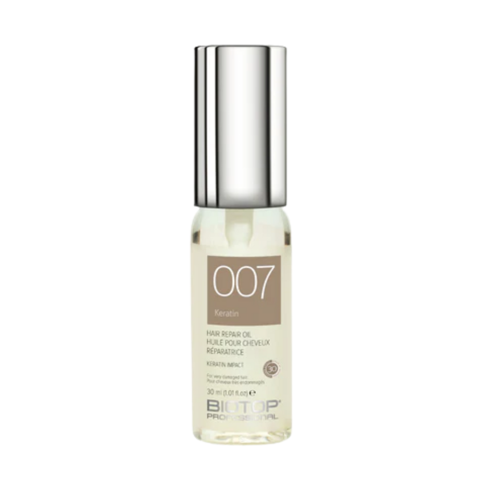 Flacon du traitement huile kératine Biotop 007 30 mL sur fond neutre