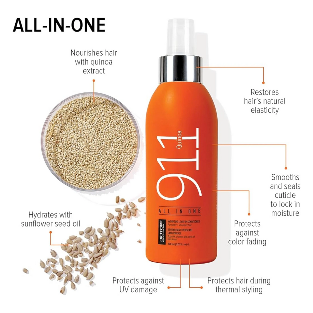 Spray 911 Quinoa All In One de Biotop – soin sans rinçage hydratant, réparateur et protecteur pour cheveux