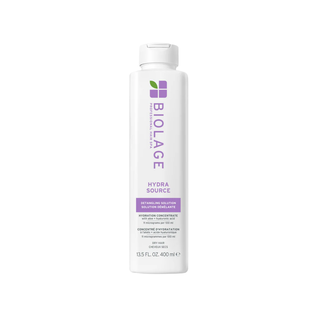 Flacon de 400 ml de la Solution démêlante Hydra Source Biolage – soin hydratant sans parabènes pour cheveux secs, démêlé facile et frisottis maîtrisés.