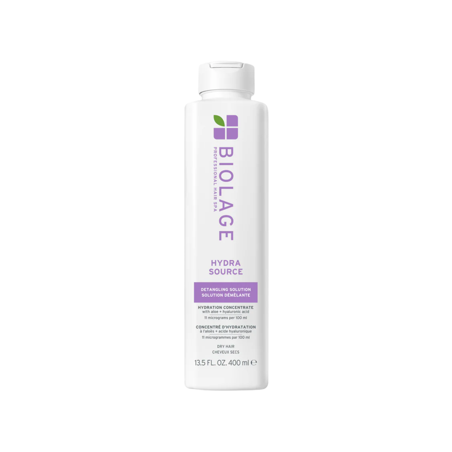 Flacon de 400 ml de la Solution démêlante Hydra Source Biolage – soin hydratant sans parabènes pour cheveux secs, démêlé facile et frisottis maîtrisés.