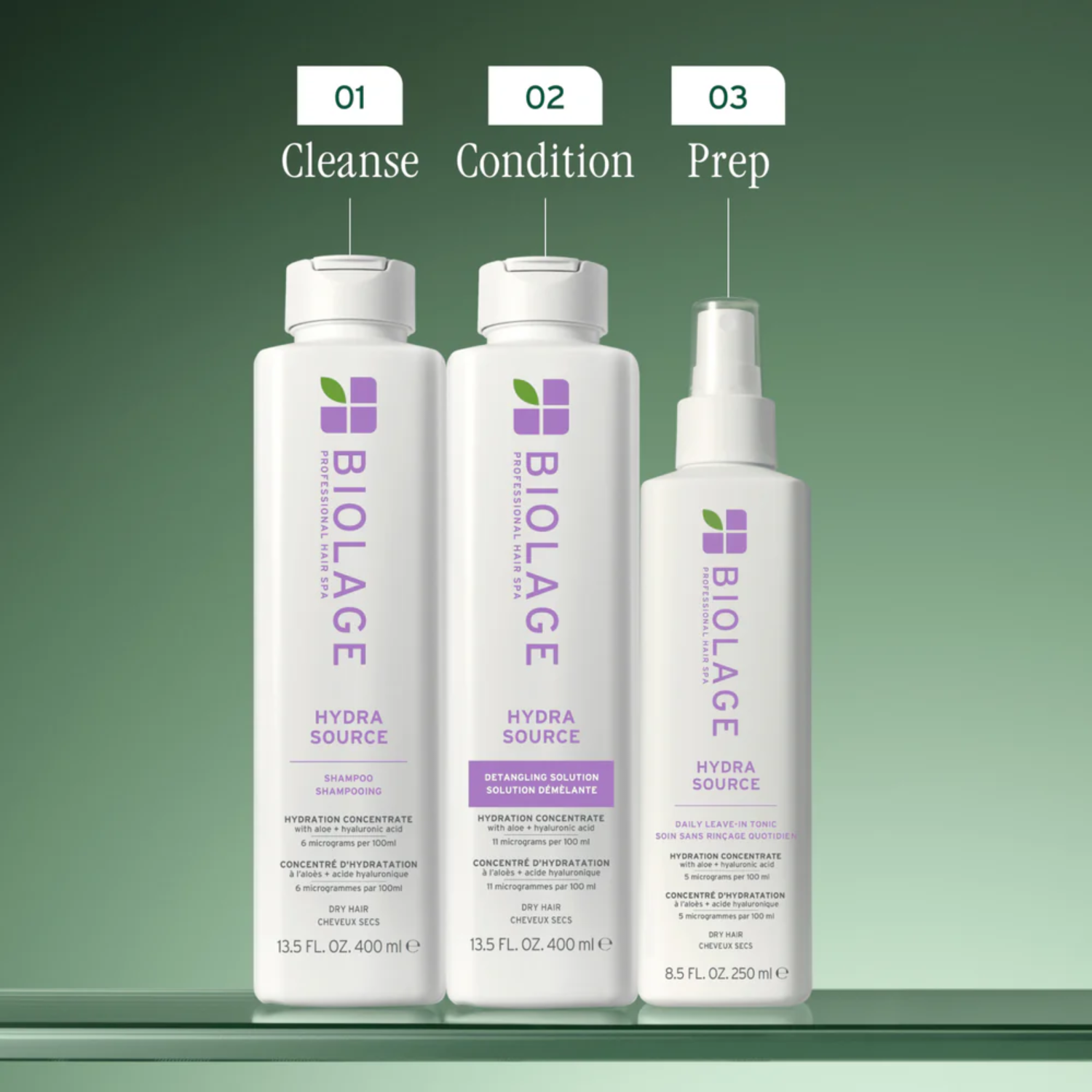 Flacon de 400 ml de la Solution démêlante Hydra Source Biolage – soin hydratant sans parabènes pour cheveux secs, démêlé facile et frisottis maîtrisés.