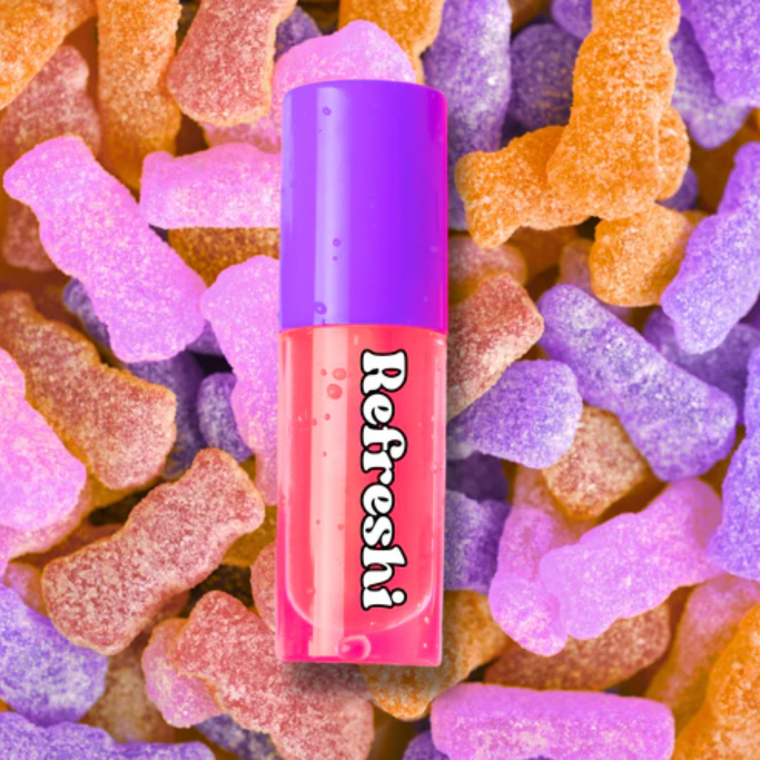 Tube 5 ml Sour Candy Lip Oil Refreshi, bulles visibles, parfum acidulé bonbon, texture brillante

