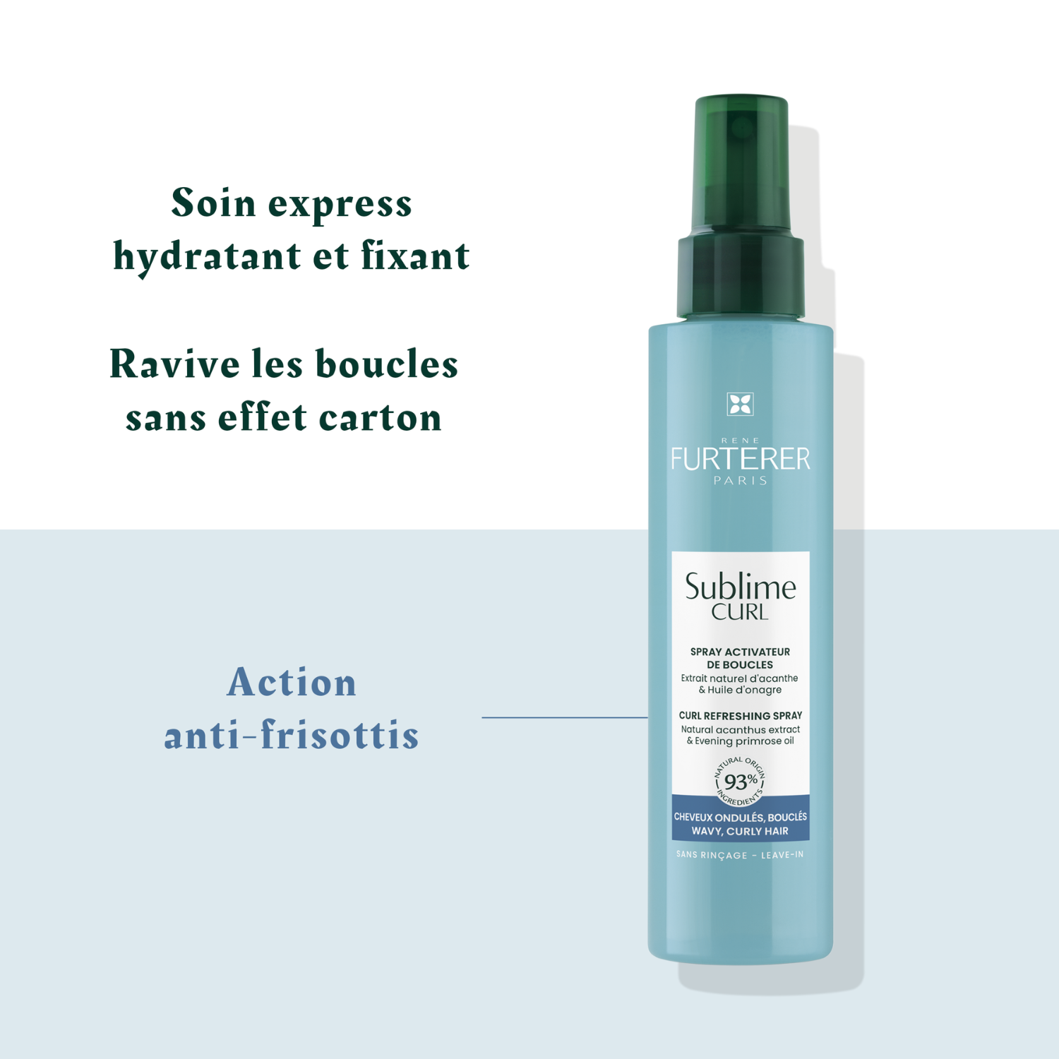 Flacon de 150 ml de Spray Activateur de Boucles Sublime Curl de René Furterer, pour des boucles redéfinies et sans frisottis.
