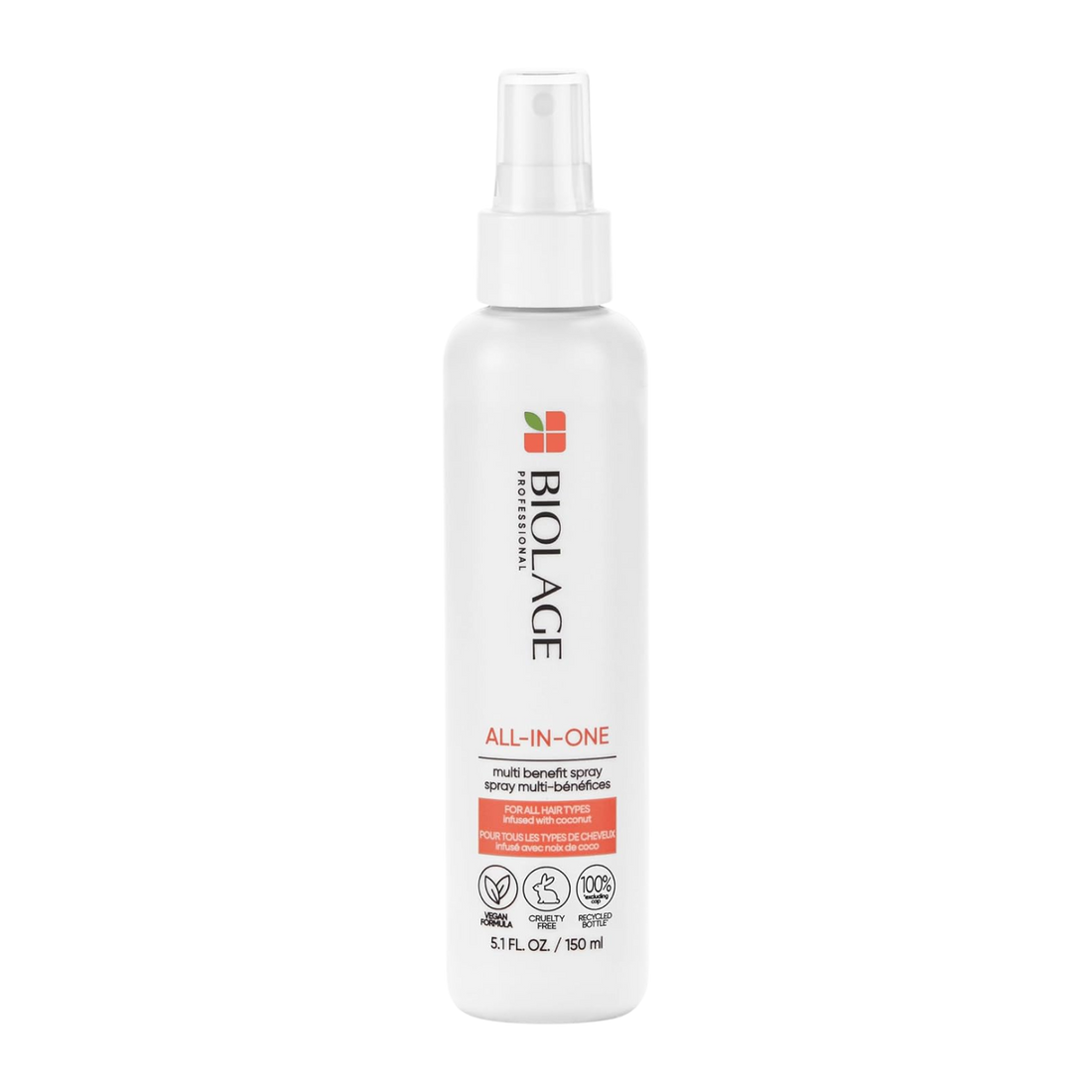 Spray Biolage Coconut Infusion Multi‑Benefit – flacon léger, texture de spray, soin 7‑en‑1 pour cheveux brillants, hydratés et anti‑frizz