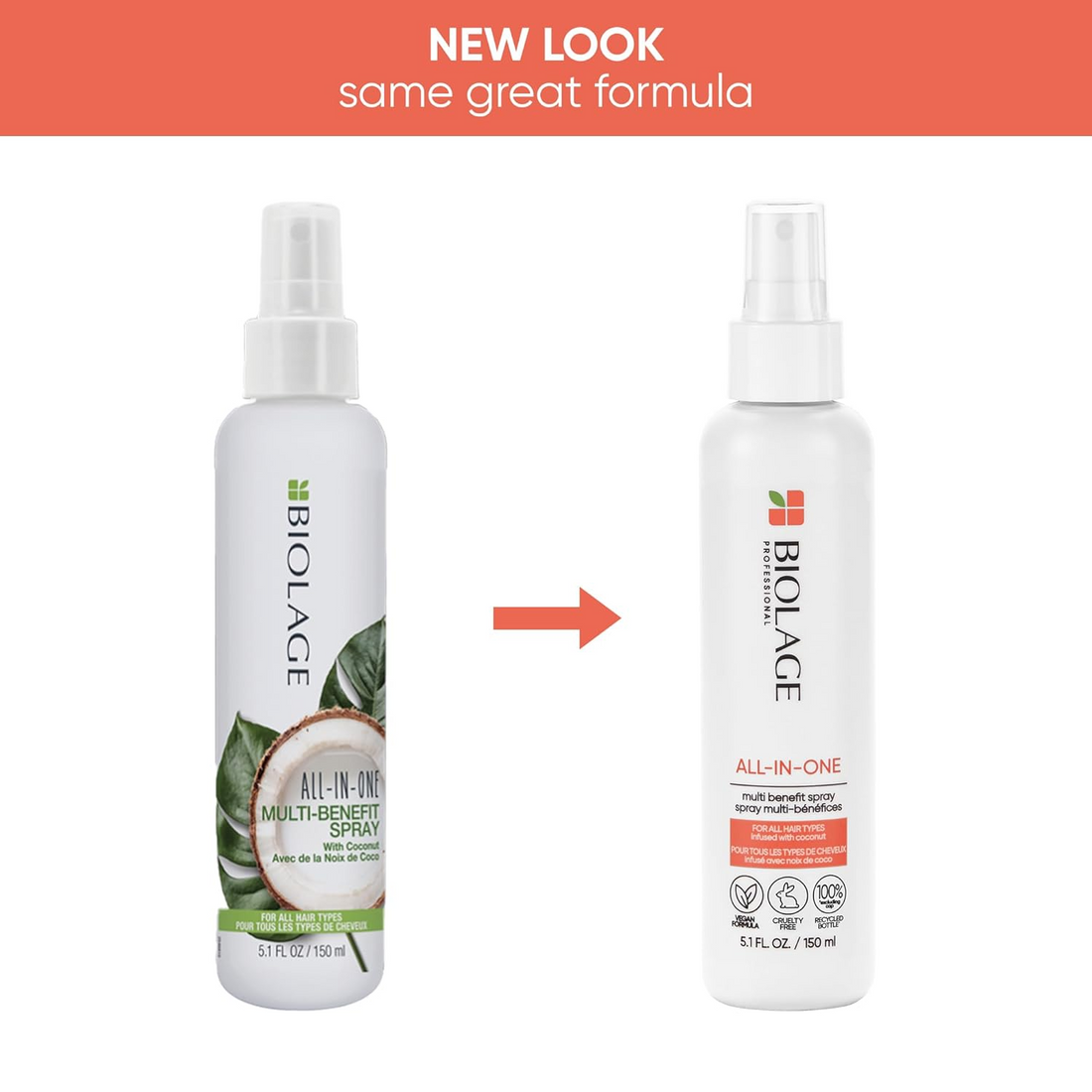 Spray Biolage Coconut Infusion Multi‑Benefit – flacon léger, texture de spray, soin 7‑en‑1 pour cheveux brillants, hydratés et anti‑frizz
