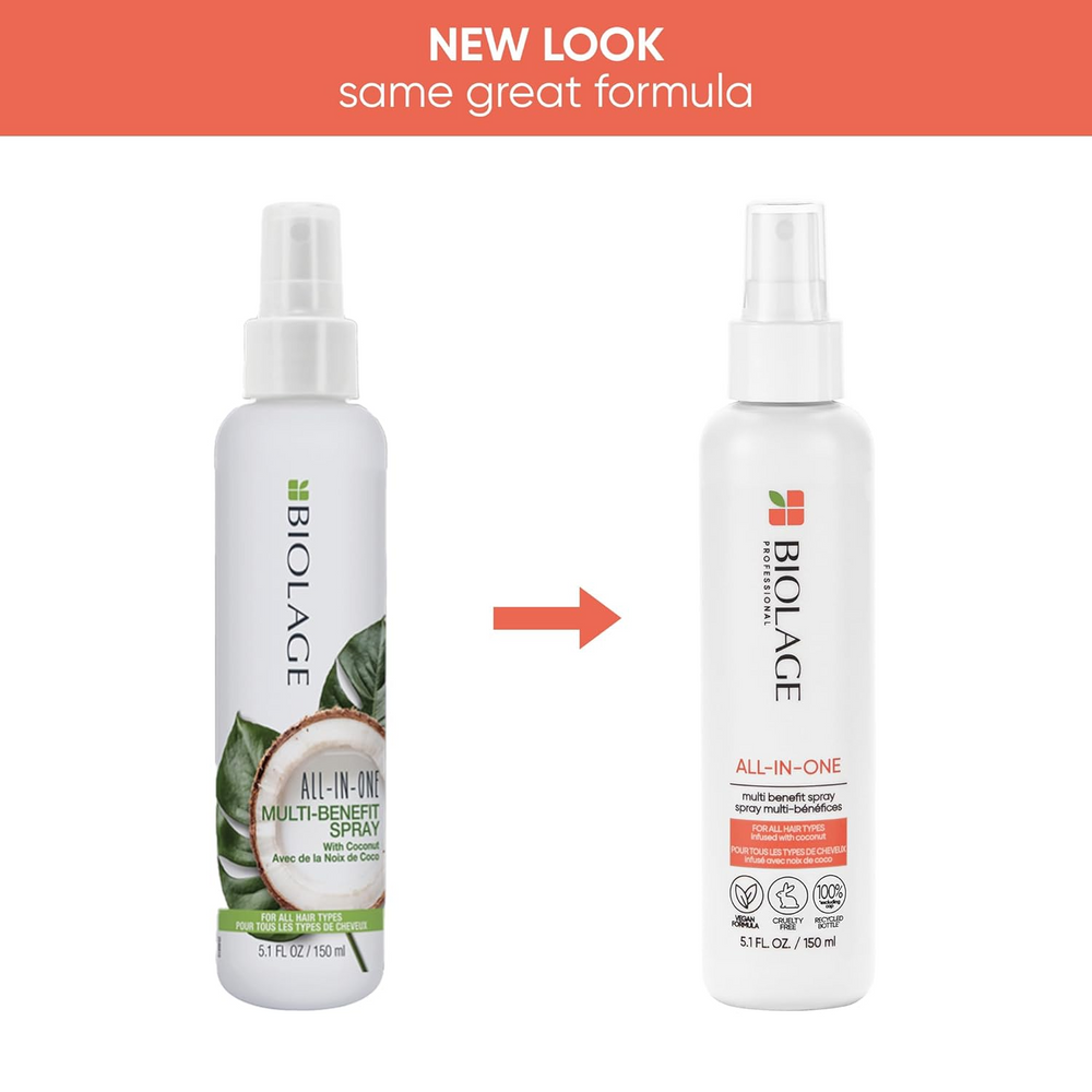 Spray Biolage Coconut Infusion Multi‑Benefit – flacon léger, texture de spray, soin 7‑en‑1 pour cheveux brillants, hydratés et anti‑frizz