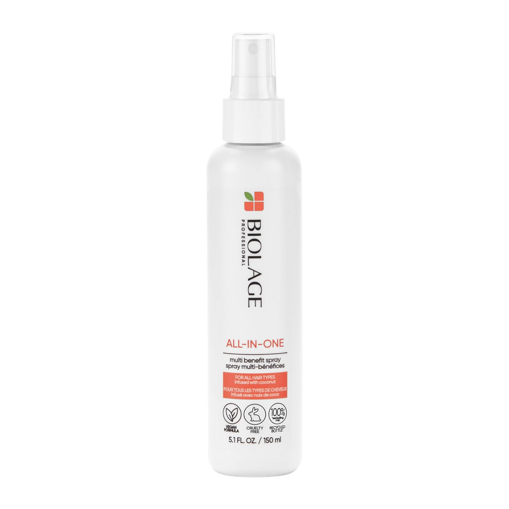 Spray Biolage Coconut Infusion Multi‑Benefit – flacon léger, texture de spray, soin 7‑en‑1 pour cheveux brillants, hydratés et anti‑frizz