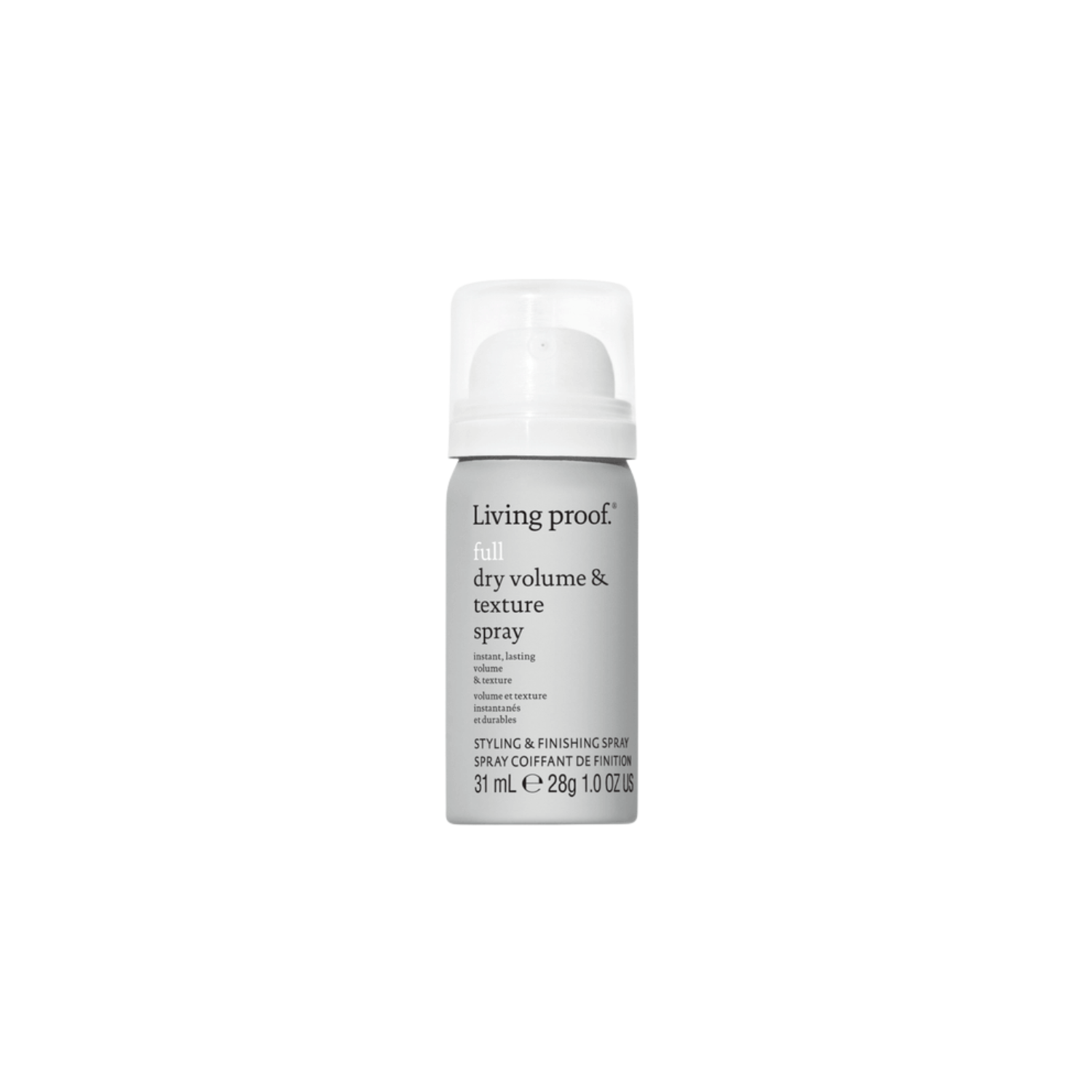 Flacon gris du Full Dry Volume & Texture Spray Living Proof posé sur fond neutre, évoquant volume immédiat, texture aérienne et finition légère.

