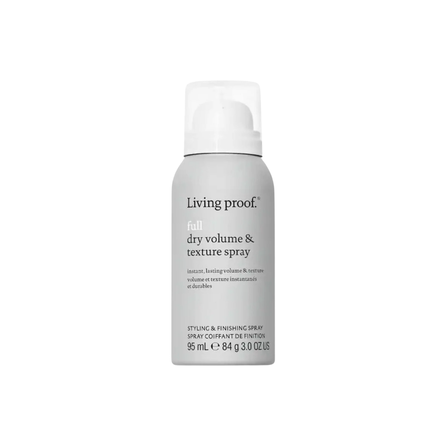 Flacon gris du Full Dry Volume & Texture Spray Living Proof posé sur fond neutre, évoquant volume immédiat, texture aérienne et finition légère.

