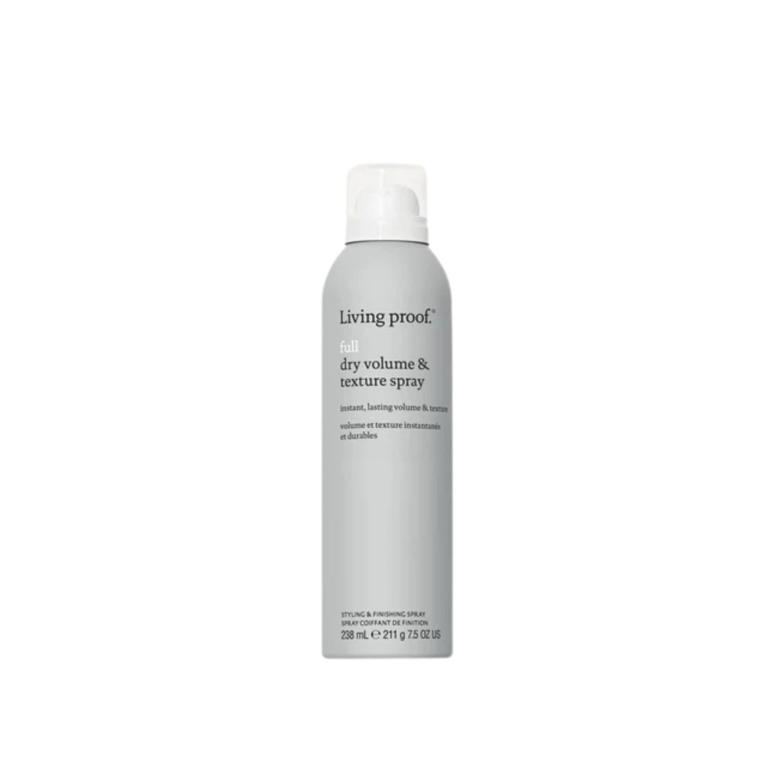 Flacon gris du Full Dry Volume & Texture Spray Living Proof posé sur fond neutre, évoquant volume immédiat, texture aérienne et finition légère.