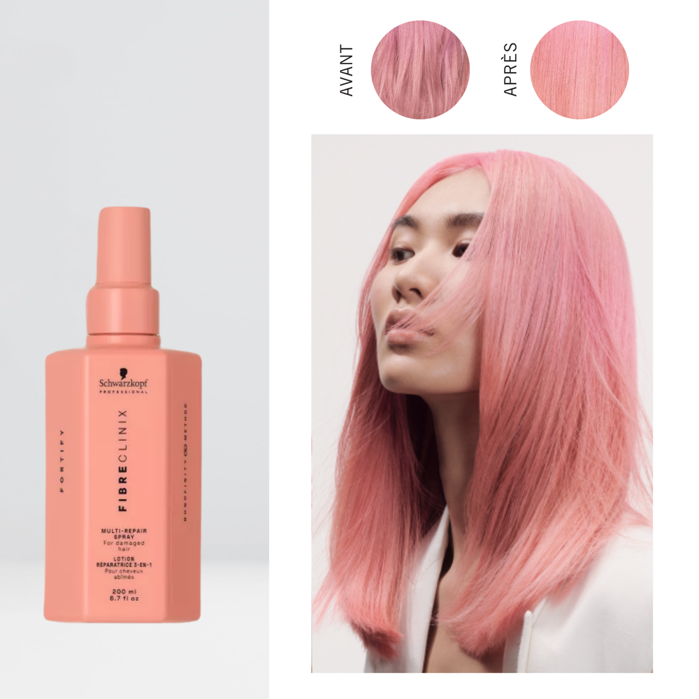 Spray réparateur Fibre Clinix Fortify Multirepair pour cheveux abîmés, démêlant, renforçant et protecteur thermique.