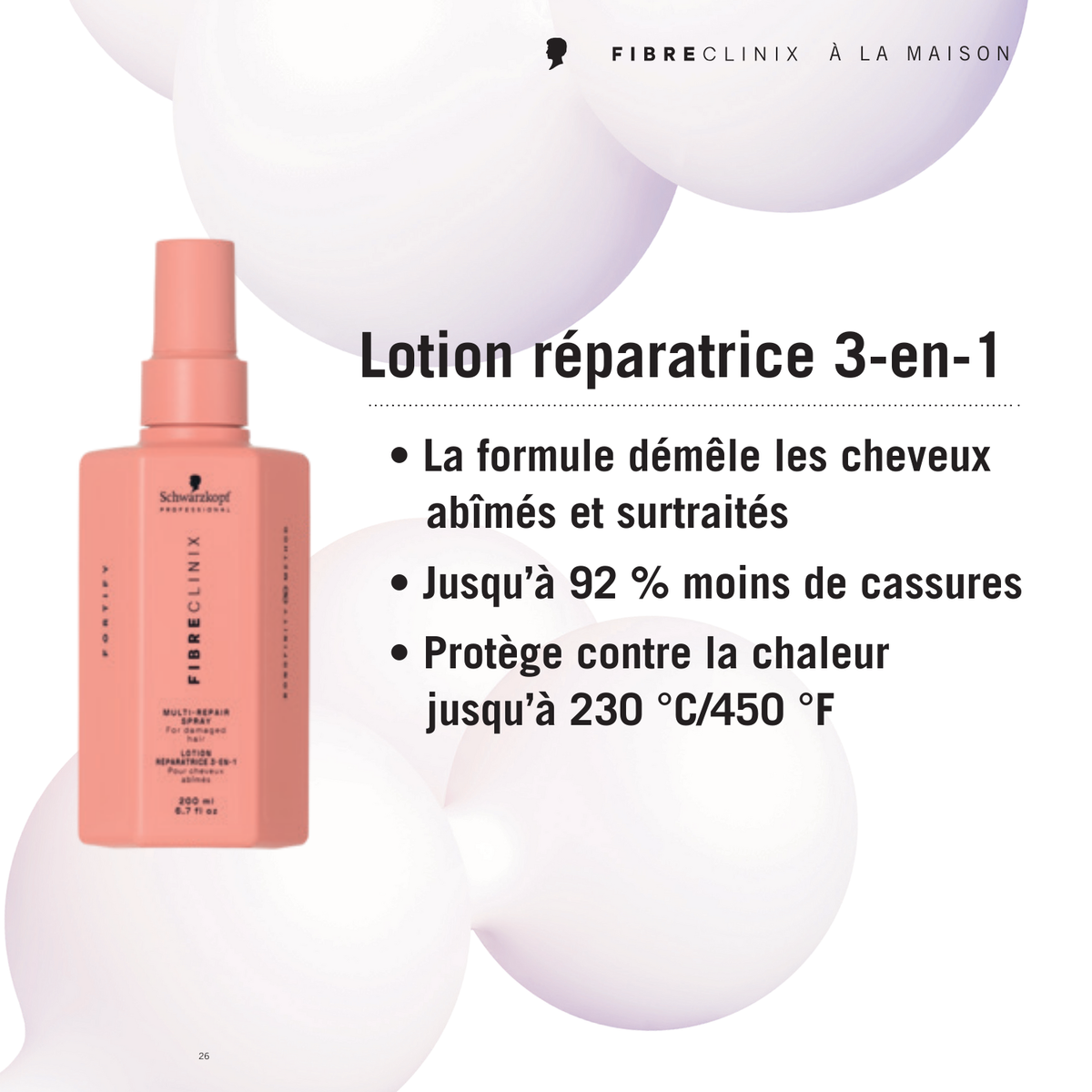 Spray réparateur Fibre Clinix Fortify Multirepair pour cheveux abîmés, démêlant, renforçant et protecteur thermique.