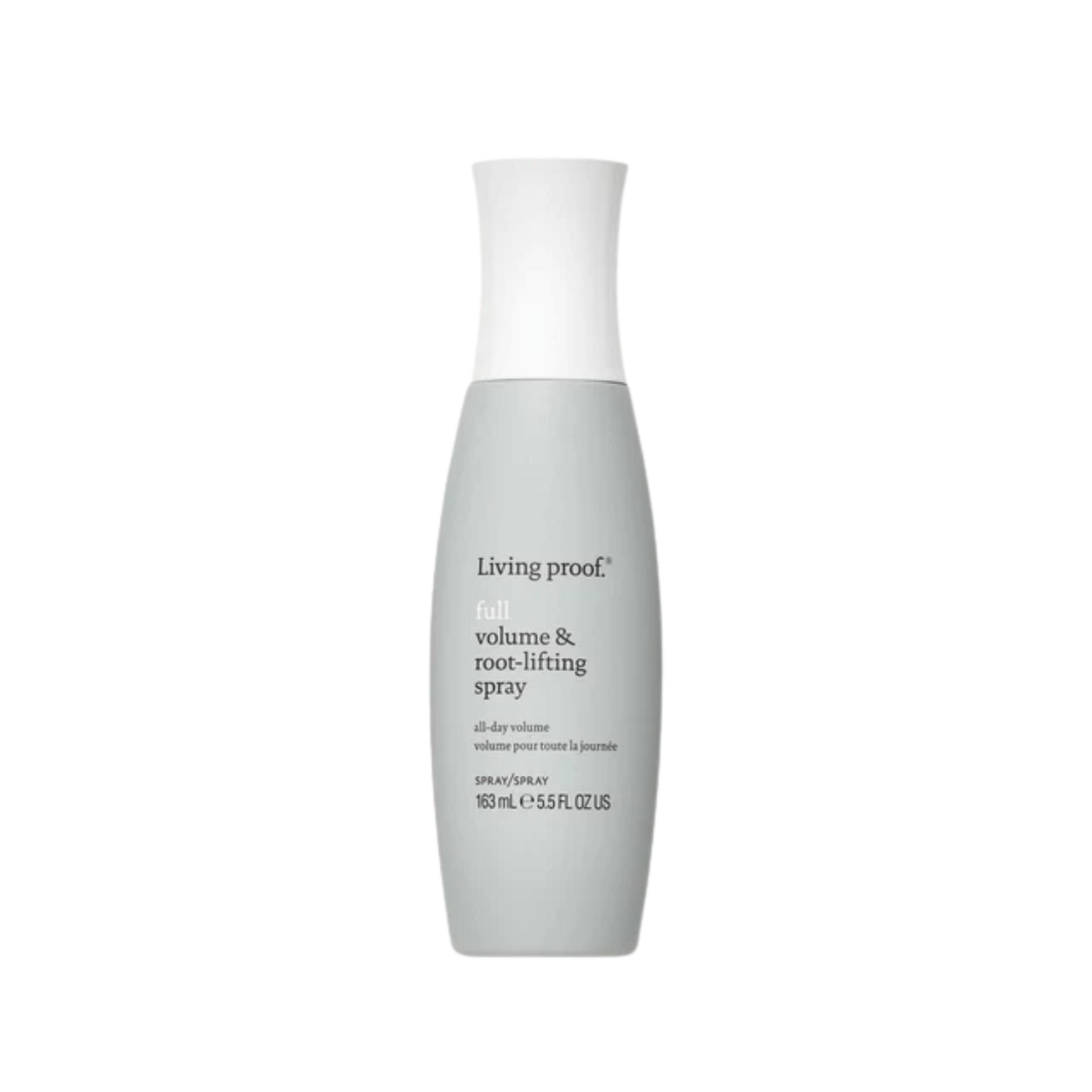 Flacon gris clair du spray Volume & Root‑Lifting Living Proof, pulvérisé sur des racines pour illustrer un lift instantané, volume aérien et texture légère.

