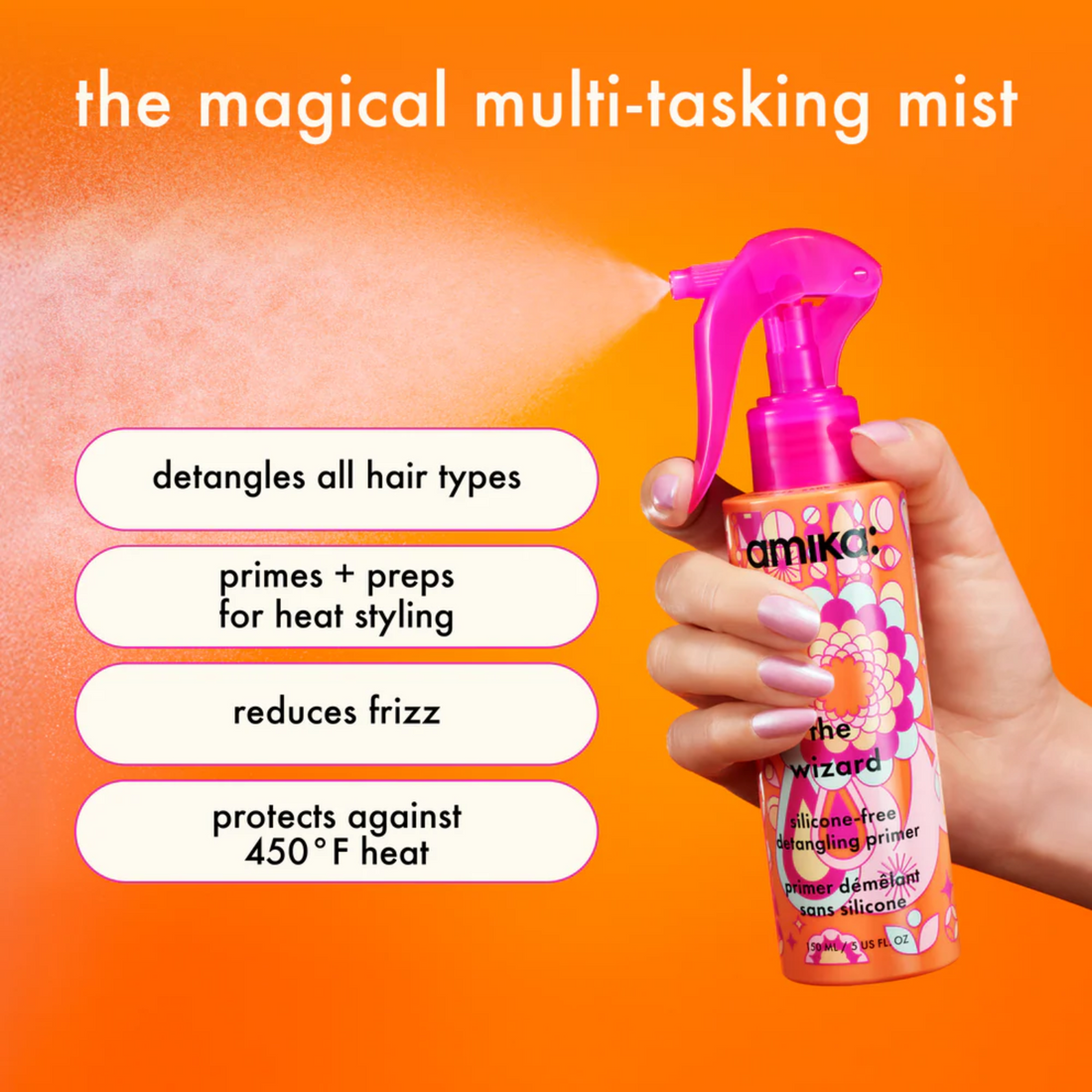Spray amika The Wizard sans silicone pour démêlage léger et protection chaleur

