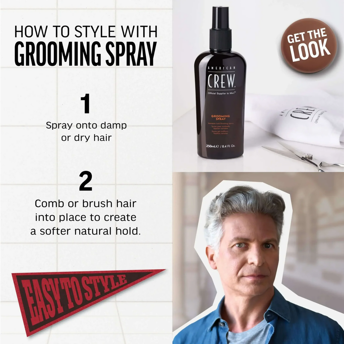 Spray coiffant American Crew Grooming Spray 250 ml pour fixation légère et naturelle