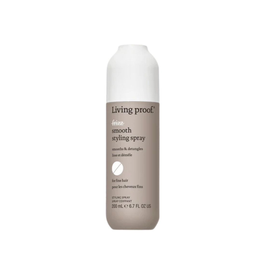 Flacon beige clair du spray coiffant No Frizz Smooth de Living Proof avec capuchon blanc, évoquant légèreté, lissage et contrôle des frisottis.

