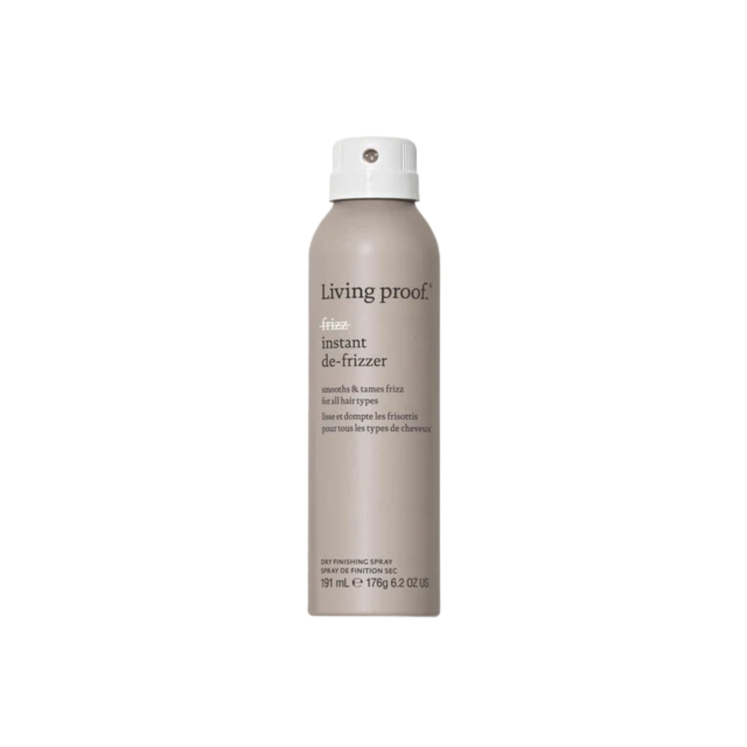 Flacon beige du spray No Frizz Instant De‑Frizzer posé sur une surface neutre, illustrant un soin express pour lisser les frisottis et raviver la brillance.

