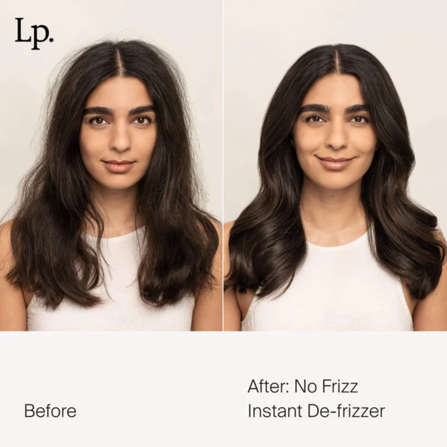 Flacon beige du spray No Frizz Instant De‑Frizzer posé sur une surface neutre, illustrant un soin express pour lisser les frisottis et raviver la brillance.

