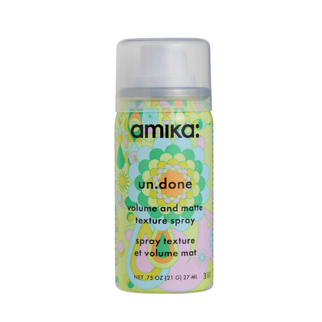 Spray texture volume et mat Amika un.done 192 ml posé sur fond blanc

