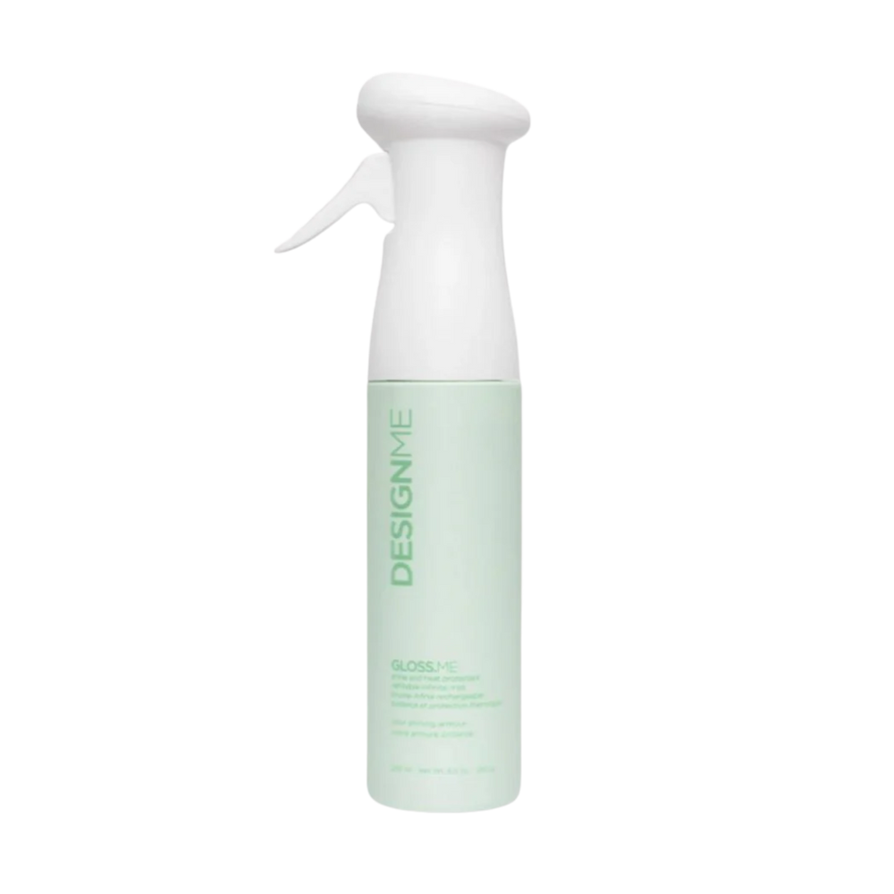 Bouteille élégante de Gloss.Me Shine & Heat Mist spray 250 ml, huile végétale et protéines hydrolysées pour cheveux brillants et protégés.