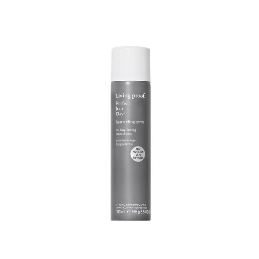 Flacon gris perle du spray Perfect Hair Day Heat Styling Spray de Living Proof, posé verticalement sur fond neutre, suggérant protection thermique et finition lisse.

