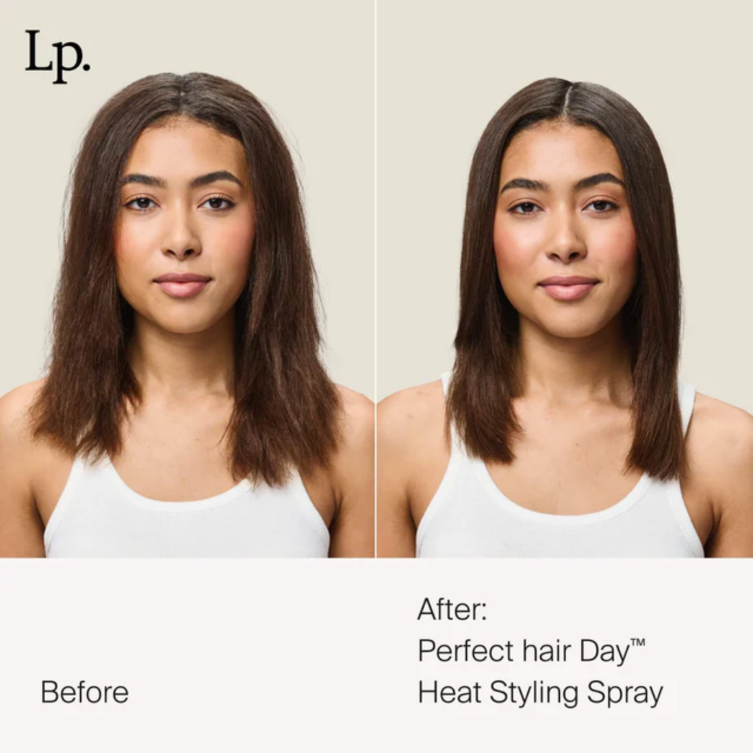 Flacon gris perle du spray Perfect Hair Day Heat Styling Spray de Living Proof, posé verticalement sur fond neutre, suggérant protection thermique et finition lisse.

