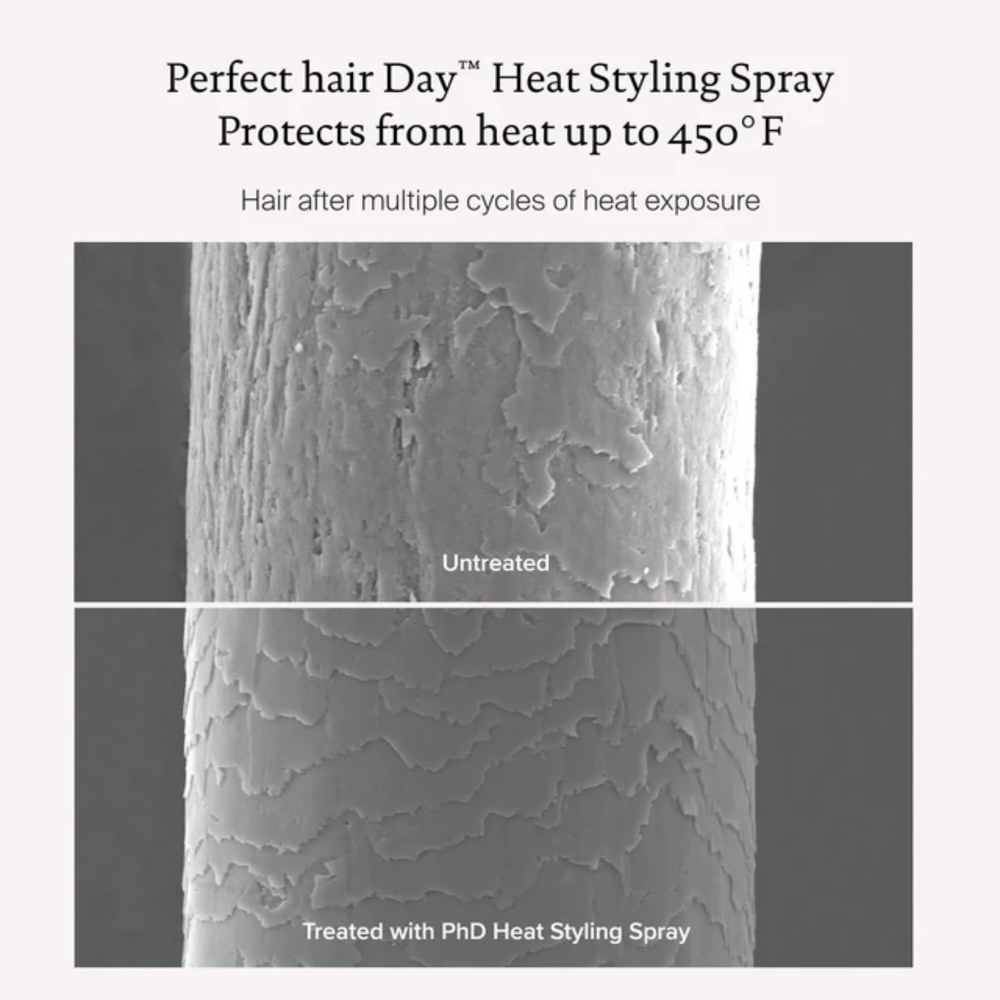Flacon gris perle du spray Perfect Hair Day Heat Styling Spray de Living Proof, posé verticalement sur fond neutre, suggérant protection thermique et finition lisse.

