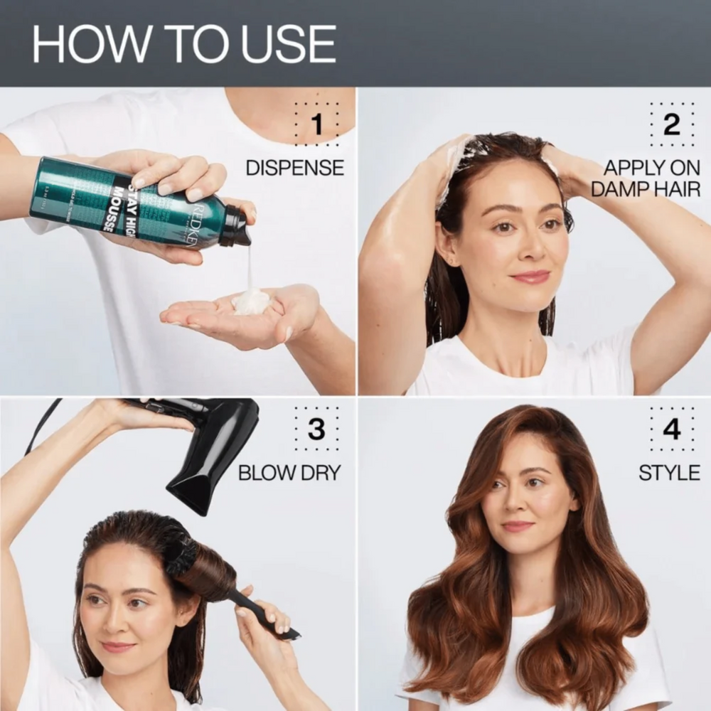 Flacon de Stay High Mousse Redken gel‑to‑mousse sur fond neutre.
